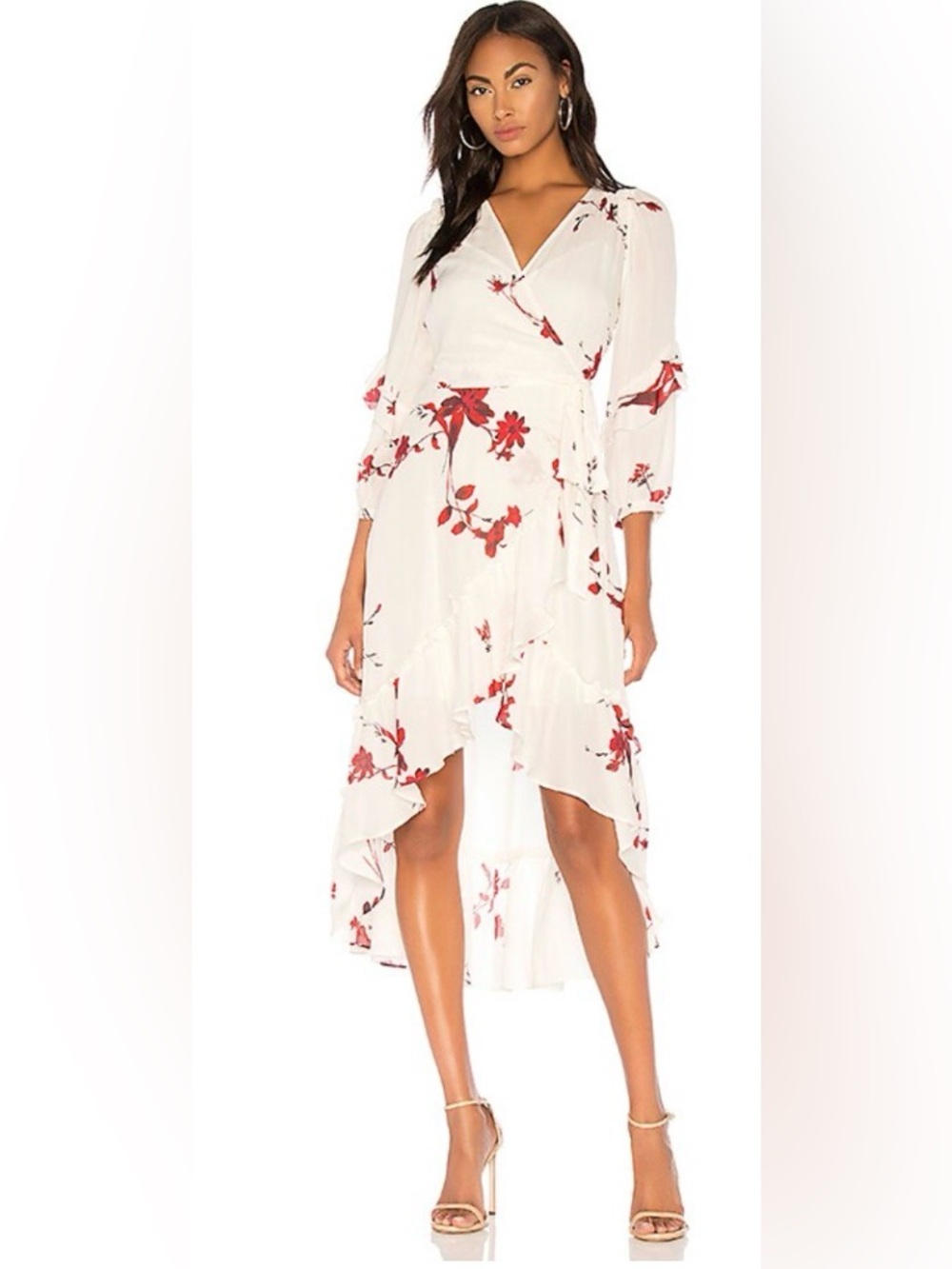 Joie White Floral Wrap High-Low Dress with Red Flower Print